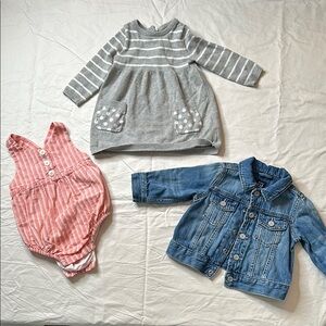 Baby Gap size 6-12 month bundle. Coral Striped Dress, Jean jacket, sweater dress